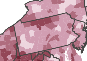 Pennsylvania counties and what percent of their population has medical debt; the more red, the higher the percent.